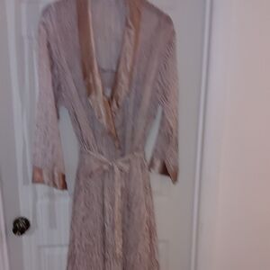 Cabernet Peignoir Gown & Robe Tiger Stripes Of Tan On Sheer White, Contrast Trim